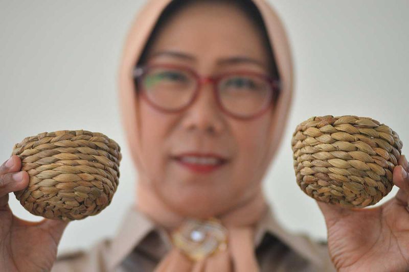 Perajin menunjukan kerajinan berbahan eceng gondok di tepian Danau Maninjau, Tanjung Raya, Agam, Sumatera Barat, Sabtu (16/9/2023). PT PLN (Persero) melakukan pemberdayaan masyarakat perajin untuk mengolah bahan baku dari tanaman eceng gondok yang mencemari Danau Maninjau sekaligus sebagai upaya pemulihan kondisi ekosistem danau tersebut. ANTARA FOTO/Iggoy el Fitra