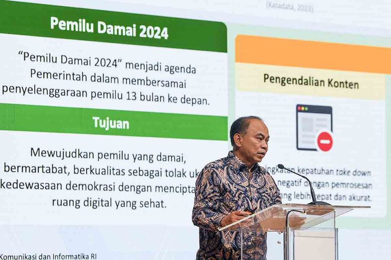 Menteri Komunikasi & Informatika Budi Arie Setiadi memnerikan sambutan saat menghadiri acara #YukPahamiPemilu di Jakarta, Rabu (20/9/2023). Dalam mendukung kelancaran Pemilihan Umum serentak tahun 2024 di Indonesia, Google dan YouTube menggelar kegiatan #YukPahamiPemilu yang bertujuan untuk memberikan informasi serta meningkatkan kesadaran masyarakat terhadap bahaya hoaks dengan memberikan pemahaman dalam mengidentifikasi informasi palsu. ANTARA FOTO/Galih Pradipta