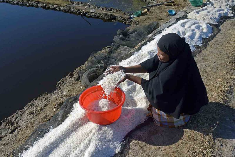 Petani memanen garam di Dusun Sabanga, Desa Bonto Bahari, Kabupaten Maros, Sulawesi Selatan, Sabtu (23/9/2023). Sejumlah warga di daerah tersebut mengaku terpaksa mengalihfungsikan tambak ikannya menjadi tambak garam karena musim kemarau yang panjang mengakibatkan debit air di tambak berkurang dan tingginya suhu air?saat?kemarau. ANTARA FOTO/Hasrul Said