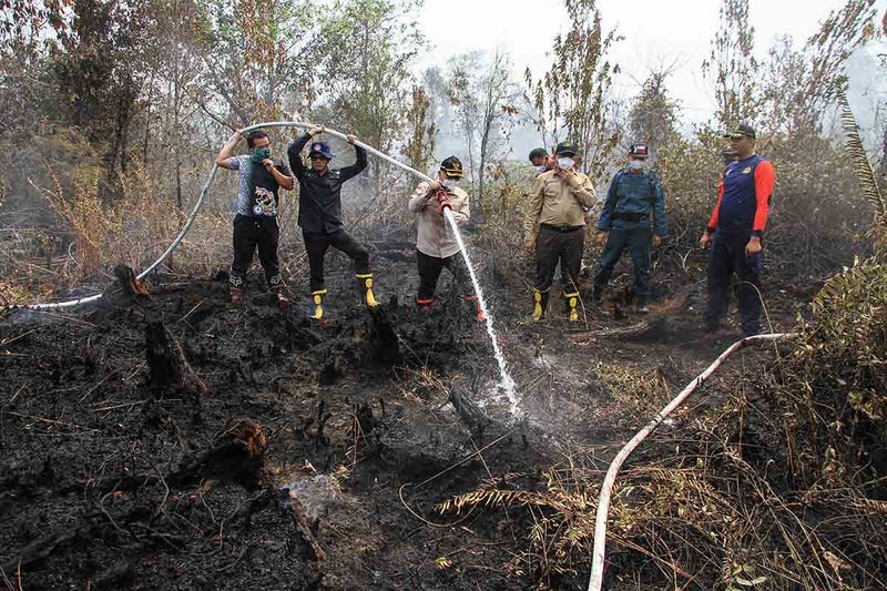 Wakil Menteri Lingkungan Hidup dan Kehutanan (LHK) Alue Dohong (ketiga kiri) melakukan pembasahan lahan gambut yang terbakar di Desa Tumbang Nusa, Pulang Pisau, Kalimantan Tengah, Sabtu (30/9/2023). Wamen LHK mengatakan pemadaman karhutla di lahan gambut terkendala sumber air di permukaan sehingga menggunakan sumur bor untuk melakukan pemadaman. ANTARA FOTO/Auliya Rahman