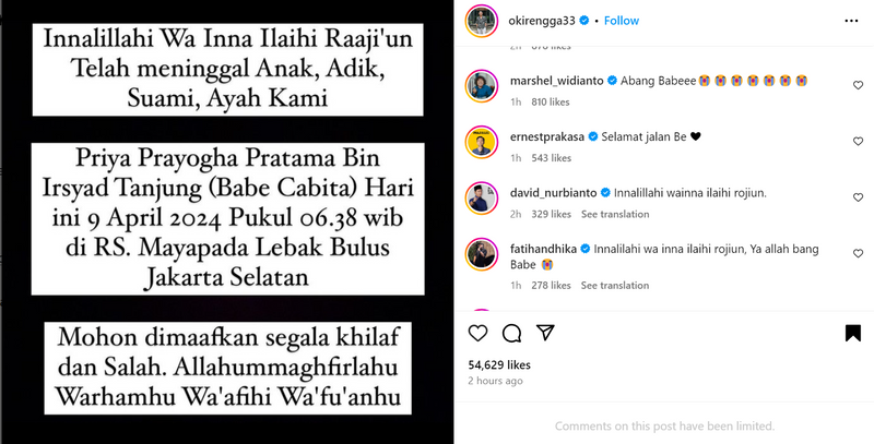 Tangkapan layar akun instagram komika Oki Rengga yang mengabarkan tentang meninggalnya komika Babe Cabita, Selasa (9/4/2024) pukul 06.38 WIB di RS. Mayapada Lebak Bulus Jakarta Selatan. IVOOX.id/tangkapan layar @okirengga33