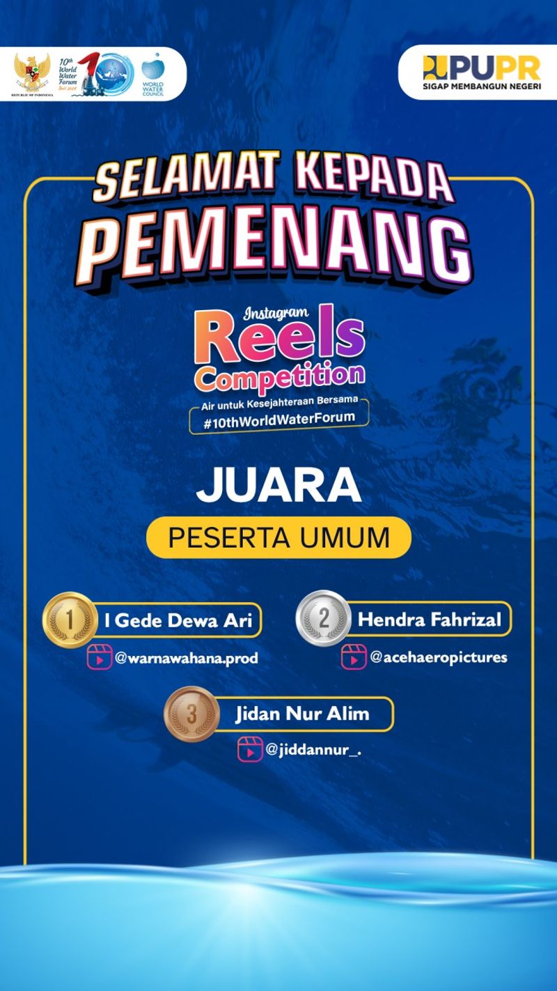 Juara 1,2 dan 3 Instagram Reels Competition dari kategori peserta forum World Water Forum ke-10. Sumber: Instagram Kementerian PUPR